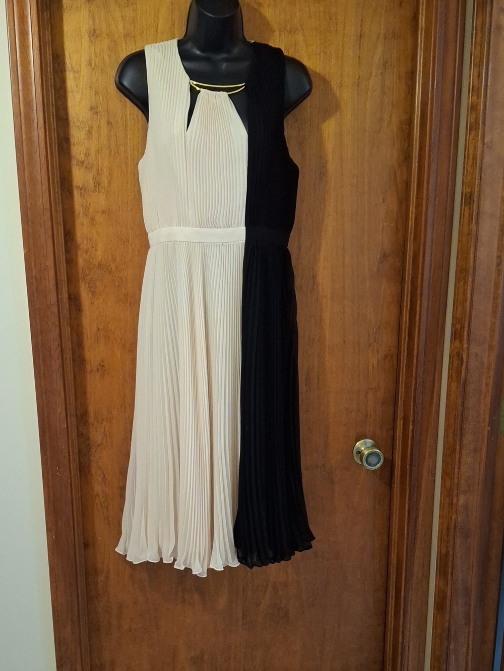 Halston Heritage Black and Cream Pleated Midi Dress with Gold Accent